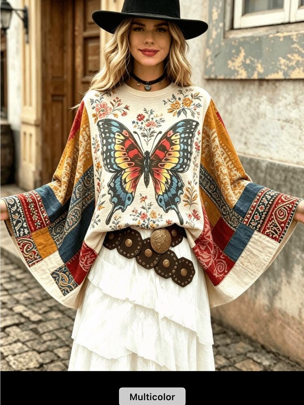 Multicolor Butterfly Boho Women's Top Shirt Floral Print S New Bell Sleeve Retro